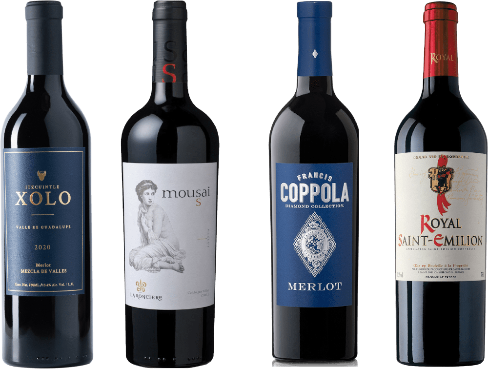 Botellas de vino merlot en vertical